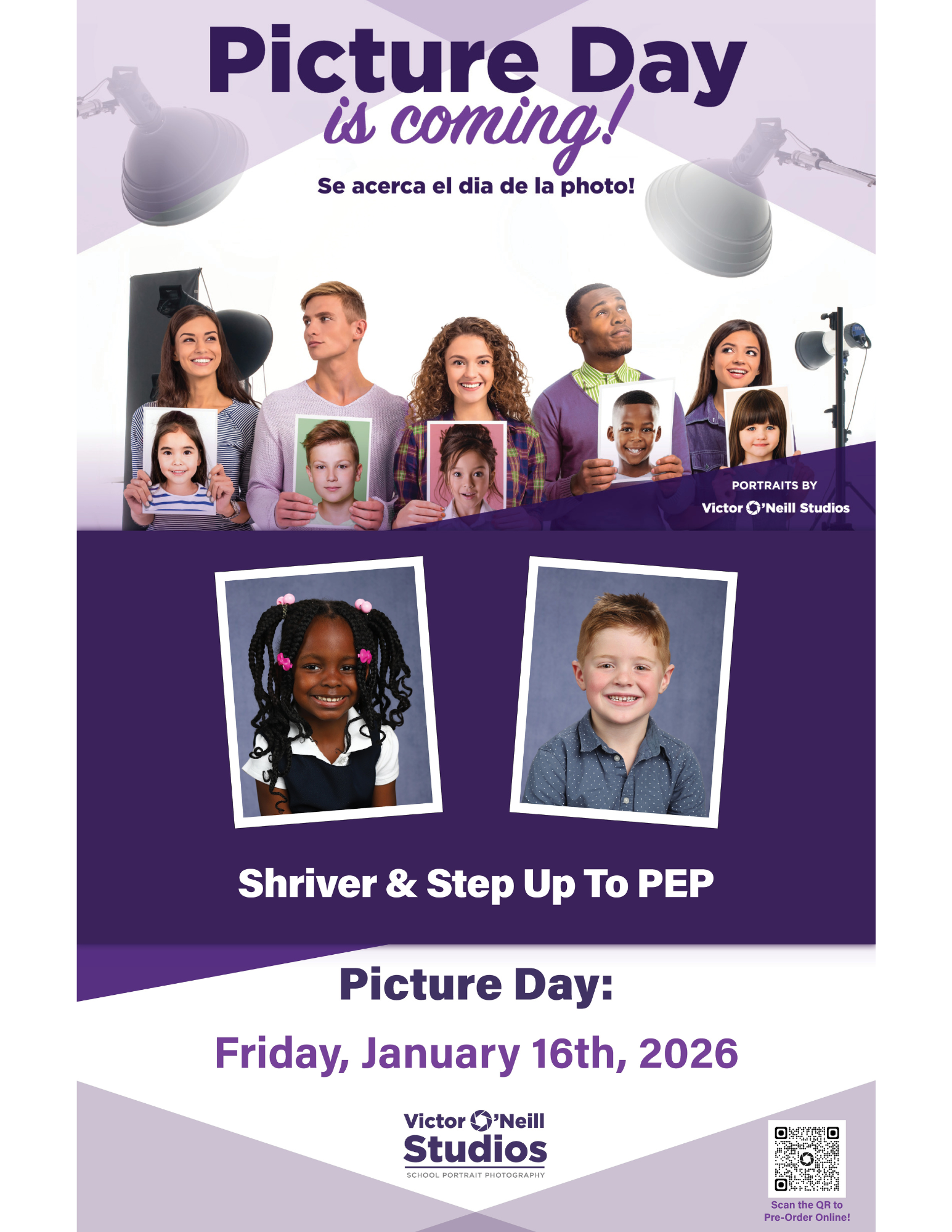 purple and white picture day portraits