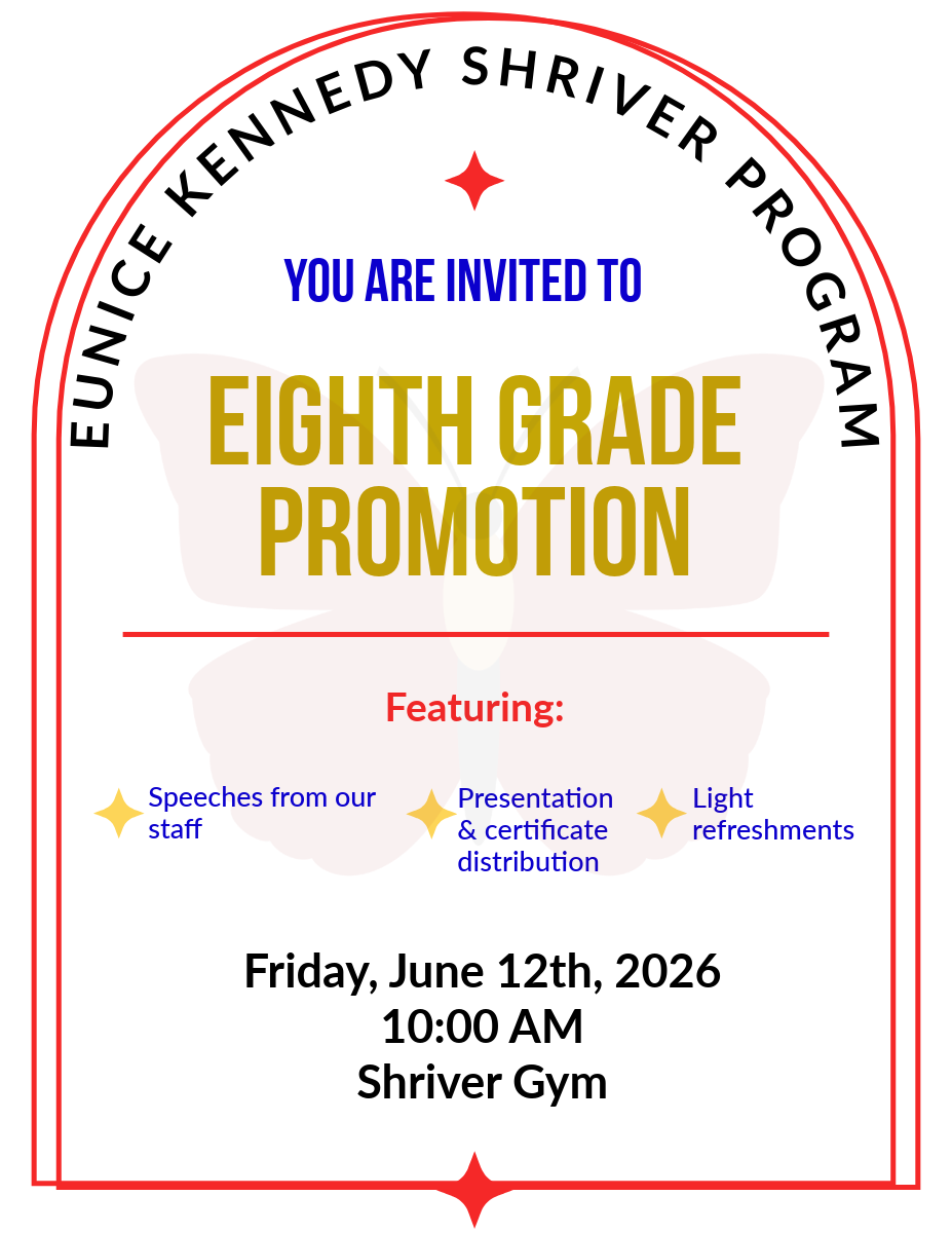 8th grade promotion flyer with black and yellow writing with red border.